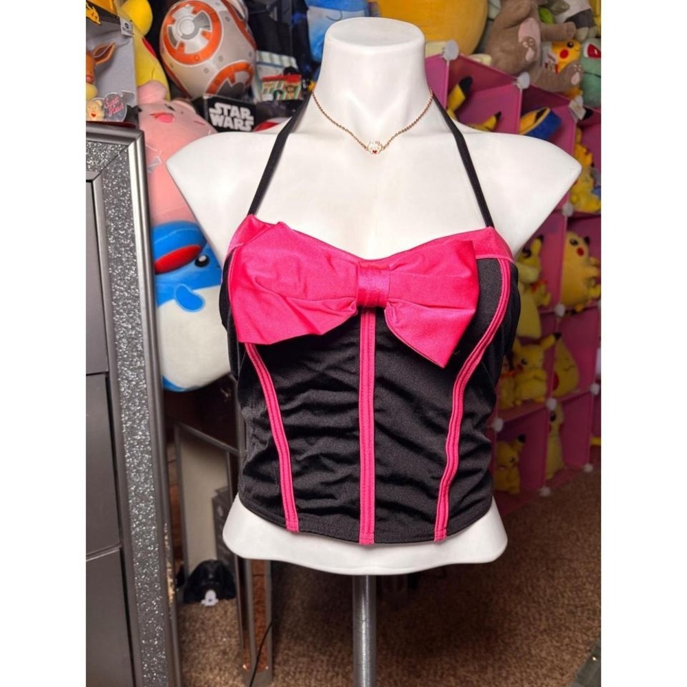 Y2K Kelle Womens Black Hot Pink Bow Halter Corset Top Medium #2